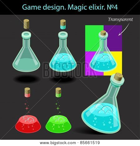 Vector illustration. Magic elixir in different colors with a woo