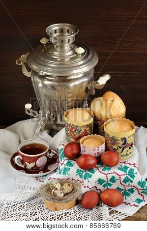 Kulichi, Traditional Russian Easter Cakes With Samovar, Black Tea And Dyed Eggs On Handmade Rushnik