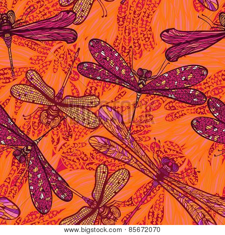 Seamless Hand Drawn Vintagel Pattern With Dragonflies