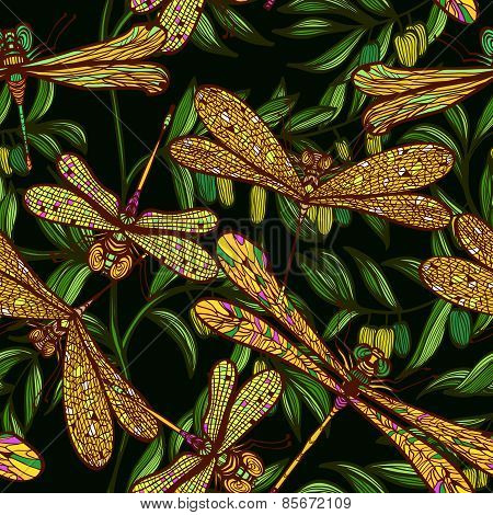 Seamless Hand Drawn Vintagel Pattern With Dragonflies And Olive Branches