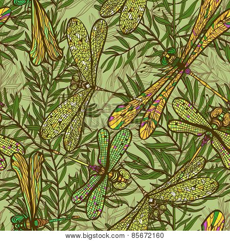 Seamless Hand Drawn Vintagel Pattern With Dragonflies And Rosemary Herb