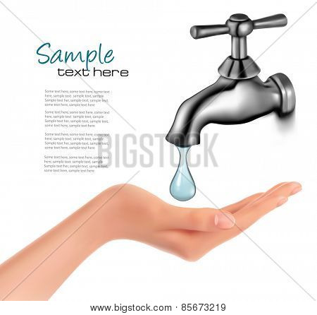 Water tap with drop and hand. Vector illustration.