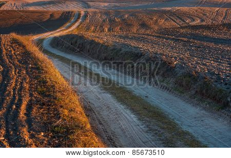 Sandy Rural Road And Plowed Fields