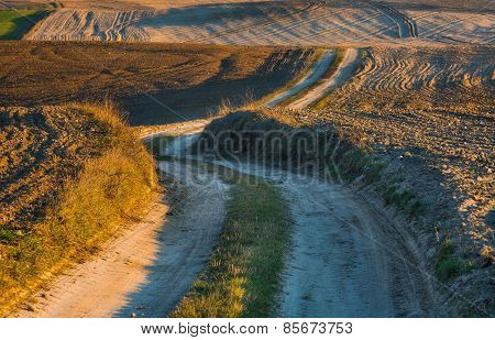 Sandy Rural Road And Plowed Fields