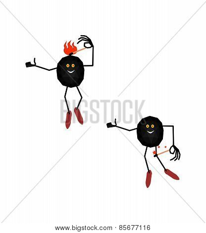 Two joyful coals making fire isolated on white