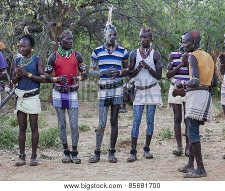 Boys And Girls At The Traditional Evangaty Ceremony. Turmi, Ethiopia