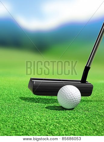 golf ball and tee on green course in front of driver