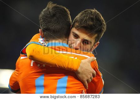 BARCELONA - FEB, 8: Jose Gaya embraces Pablo Piatti of Valencia CF during spanish League match against RCD Espanyol at the Estadi Cornella on February 8, 2015 in Barcelona, Spain