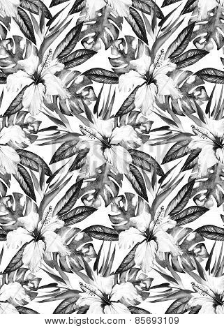 seamless tropical pattern with hibiscus and palm