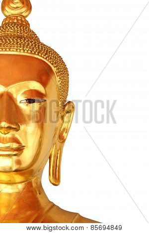 Half The Face Closeup Buddha Statue Isolated On White Background