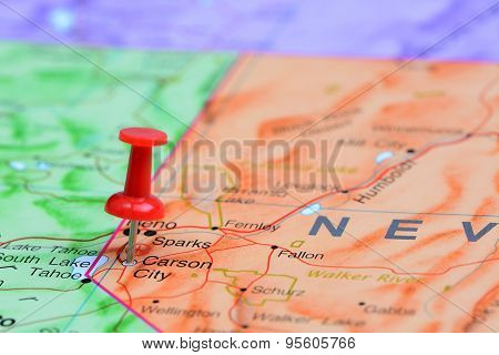 Carson City pinned on a map of USA