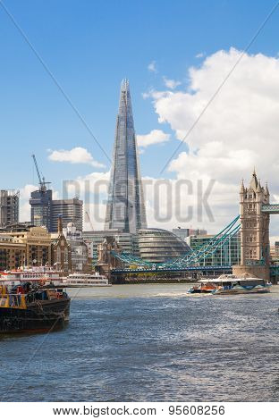 LONDON, UK - APRIL 30, 2015: Tower bridge and Shard of glass view from the River Thames