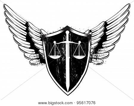 Scales and sword balance. Shield and wings.