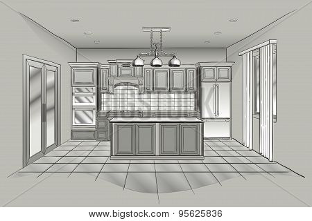 Interior Sketch Of Modern Kitchen With Island.