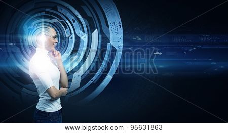 Young woman in white and virtual blue interfase