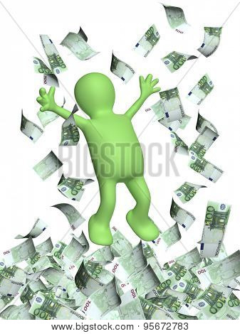 Happy 3d man leaping and a money rain with euro banknotes. Isolated on white backgorund