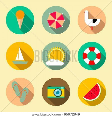Flat icons set with long shadow effect. Traveling, tourism, vacation theme. eps 10