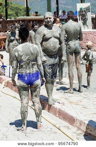SULTANIYE, TURKEY - JULY 05, 2015: People are taking a mud bath
