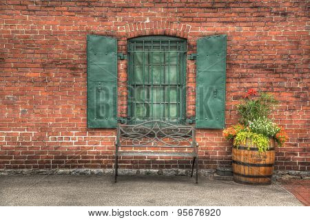 Brick wall with iron shutters
