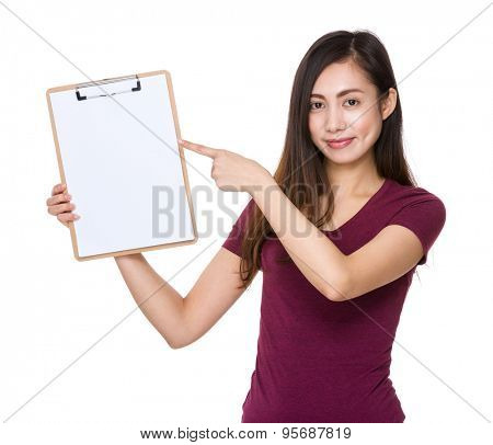 Asian woman finger point to clipboard