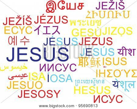 Background concept wordcloud multilanguage international many language illustration of Jesus