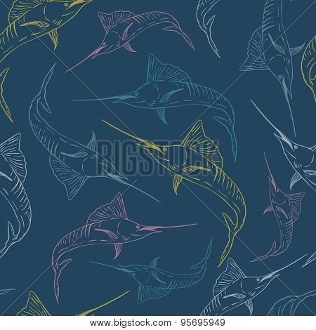 Swordfish seamless vector pattern dark background