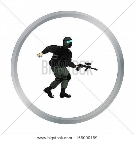 Paintball player icon in cartoon design isolated on white background. Paintball symbol stock vector illustration. - stock vector