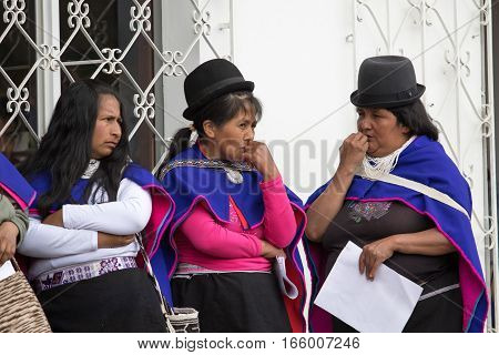 September 6 2016 Silvia Colombia: indigenous Guambiano women in traditional wear standing in the center of the village on market day
