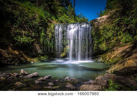 Long Exposure of Oakley Creek Waterfall on a bright Summers Day Auckland New Zealand