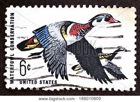 USA - OCTOBER 24, 1968: A stamp issued in Cleveland, Ohio by the Bureau of Engraving and Printing, depicting woodland ducks. The stamp had a run of 142,245,000. Designed by Stanley W. Galli.