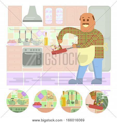 Fat bald man with frying pan in hand cooking . Isolated on kitchen interior background.  Vector flat design illustration. Square layout.