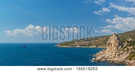 The view from the rock Diva on the Western part of Simeiz and the rock Wing of a Swan. Crimea Russia