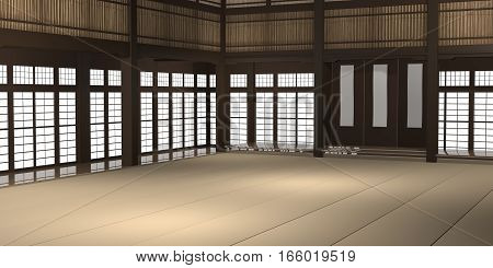 3d rendered illustration of a traditional karate dojo or school with training mat and rice paper windows.