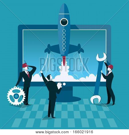 Business start up concept vector illustration. Rocket launch and computer on background. Businessman start new company.