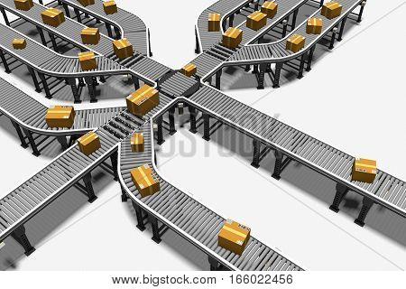 conveyors transporting parcels in a distribution warehouse