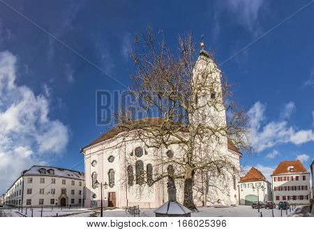 view to church of our landy in small town of Guenzburg in Bavaria. In 1736 the church was rebuilt by Dominikus Zimmermann.