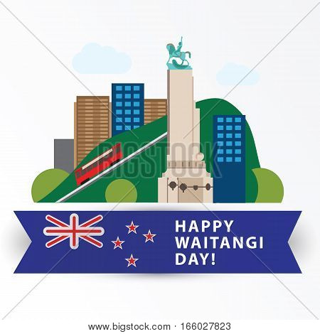 Happy Waitangi day, 6 February. New Zeland Wellington Greatest landmarks as symbol of the country. Web banner or greeting card.