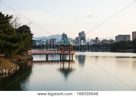 gazebo along the skyline of Ohori Park, Fukuoka, Japan
