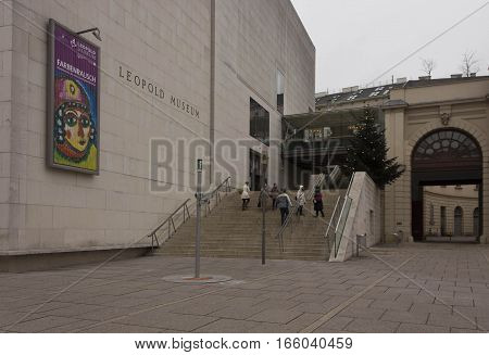VIENNA, AUSTRIA - JANUARY 3 2016: Museum district in Vienna with the entrance staircase of Leopold museum and few people around