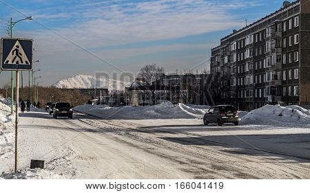 Kazakhstan, Ust-Kamenogorsk, 6 january 2017: One street in the city of Ust-Kamenogorsk. More photos of this city in my portfolio
