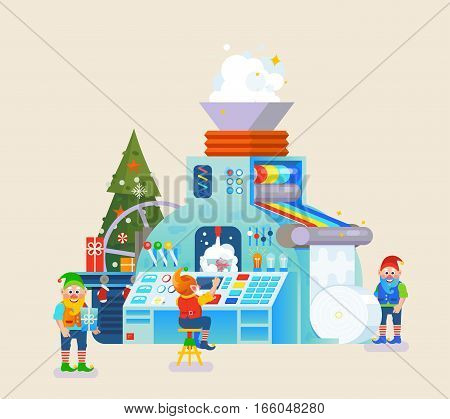 Vector elves factory. A Toy Making in Santa's Workshop. Machine process with children wish list.