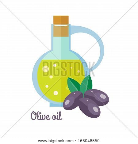 Olive oil in bottle with black olives in flat design. Small jar filled olive kernel oil. Cooking base product. Used in cosmetics, pharmaceuticals, soaps, as a fuel for traditional oil lamps. Vector