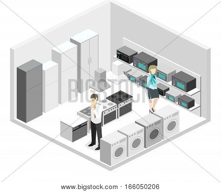 Isometric flat 3D isolated concept vector cutaway interior household equipment store