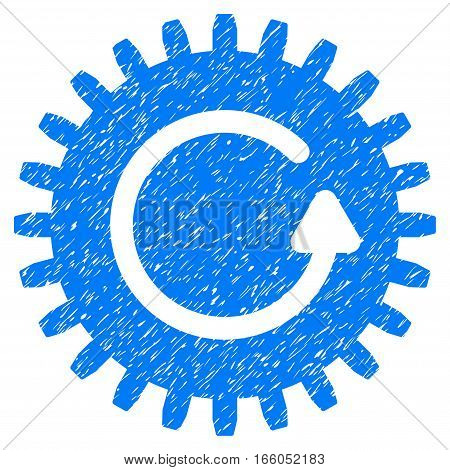 Rotate Cog grainy textured icon for overlay watermark stamps. Flat symbol with dust texture. Dotted vector blue ink rubber seal stamp with grunge design on a white background.