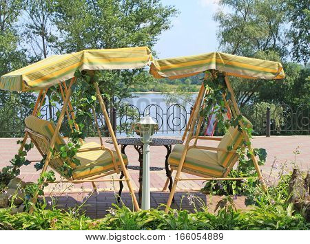 Cafe's seats near the river Dniepro, Kyiv, Ukraine