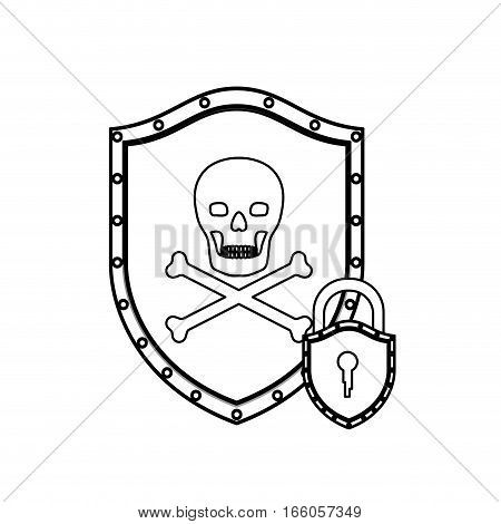 monochrome silhouette with shield with skull and bones and padlock vector illustration