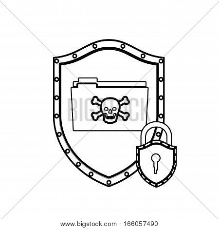 monochrome silhouette with shield with folder virus and padlock vector illustration