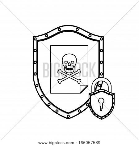monochrome silhouette with shield with file virus and padlock vector illustration