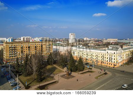 Minsk Belarus traffic on Independence Avenue the area of ​​Kalinin March 11 2015 urban architecture top view editorial