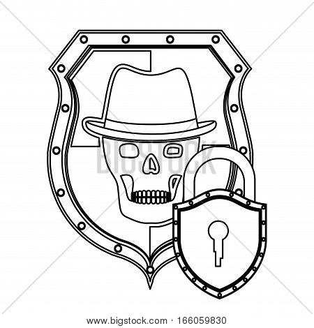 monochrome silhouette of shield with skull with hat and padlock vector illustration